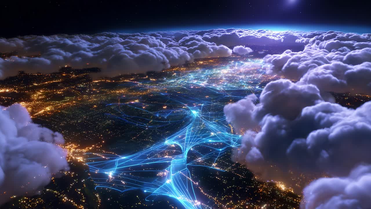 A breathtaking view of illuminated cityscapes beneath a starry sky, showcasing intricate digital connectivity above urban landscapes, depicting a stunning fusion of technology and nature at night