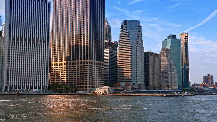 Nova Iorque, EUA, 1 de abril de 2026: Arranha-céus de Lower Manhattan refletidos na luz do East River. Horizonte da orla de Lower Manhattan com torres de vidro, superfície do rio e luz quente do fim de tarde