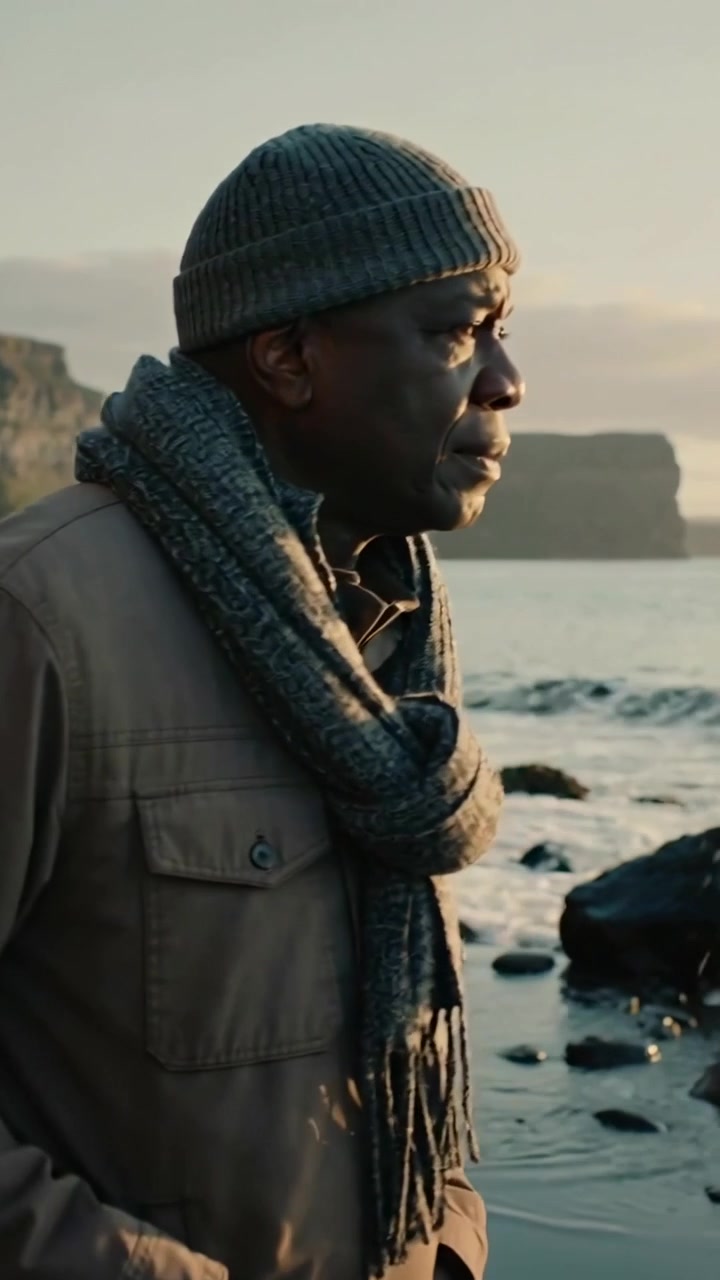 Vertical video: Turning senior man raising gaze on rocks, low sun urging look to sea, beanie scarf