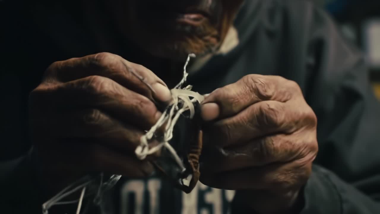 An Elderly Artisan Skillfully Crafts Intricate String Figures: A Reflection on Tradition and Handicraft Techniques Passed Down Through Generations