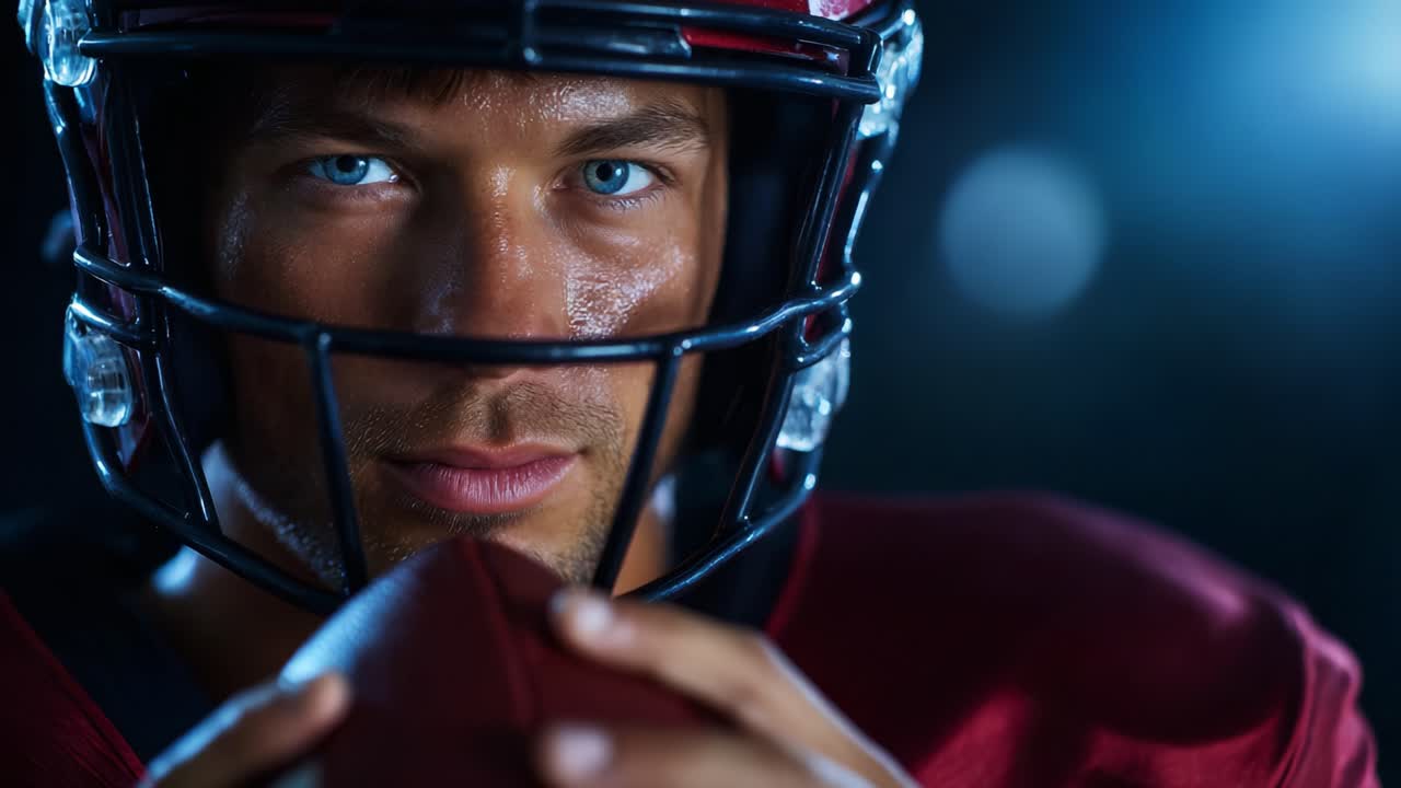 Konzentrierter Footballspieler mit Blick auf das Spiel, der Entschlossenheit und Sportlichkeit demonstriert, während er einen Ball hält und einen Helm in einer dramatischen Beleuchtung trägt