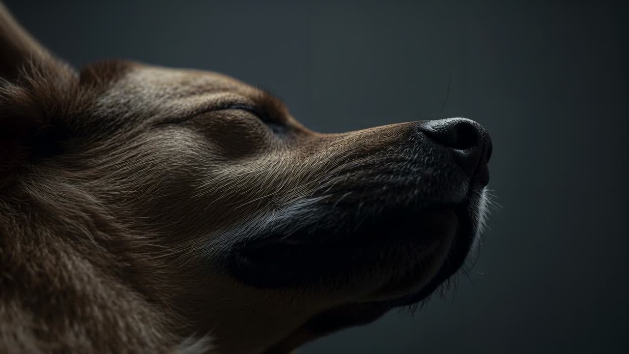 Licking tan-furred dog extending tongue toward nose in dim studio, with wet nose highlight