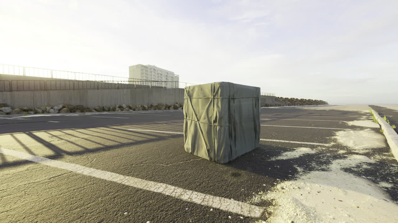 Mysterious wrapped object resting alone on a deserted beachfront pathway