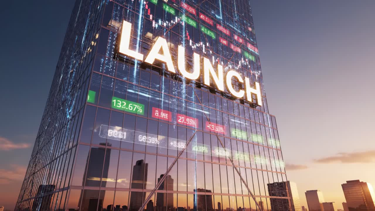 Building with Launch Sign and Financial Data