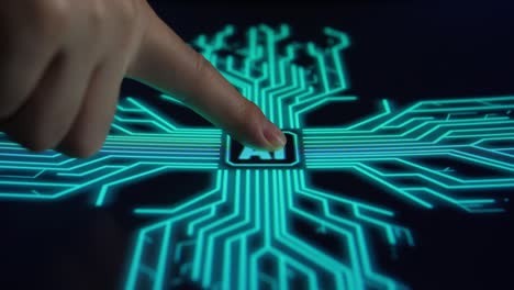 side view, human finger pushes touch ai with futuristic artificial intelligence spreading through internet. visualization of machine learning, computer technology, neural network