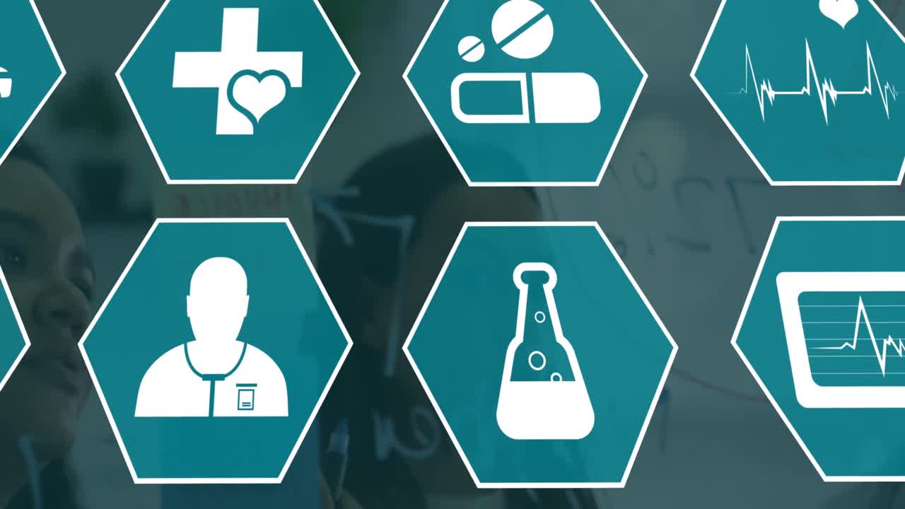 십육각형으로 과학 아이콘의 애니메이션 두 인종 여성 브레인 스토밍