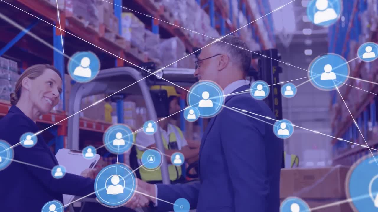 백그라운드에 손을  ⁇ 는 사람 아이콘과 함께 네트워크 연결의 애니메이션