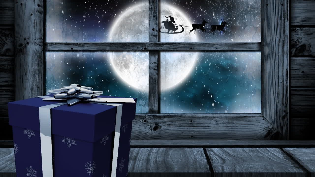 animación de regalo de navidad y ventana, con nieve cayendo, luna llena y el trineo de papá noel afuera