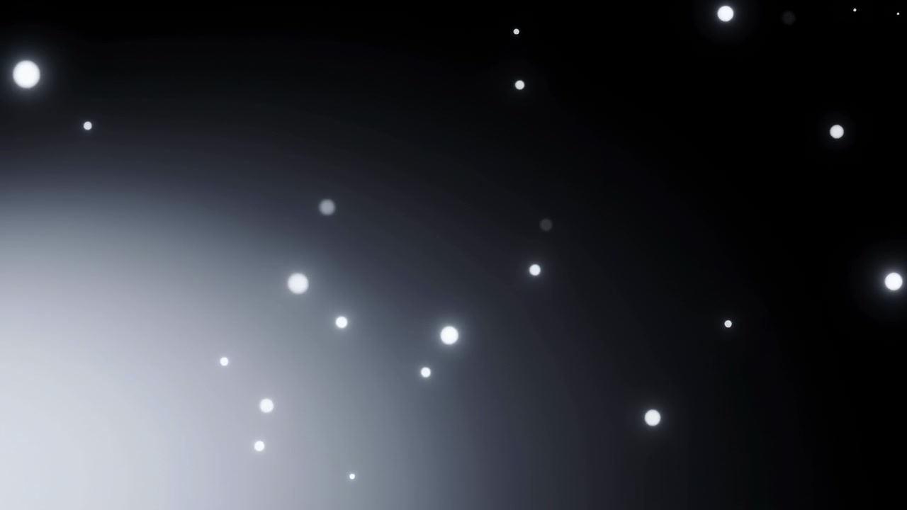 Sfere luminose sparse e morbidi punti bokeh si muovono verso l'alto con un contrasto più netto su una sfumatura diagonale dal grigio chiaro in basso a sinistra al grigio antracite intenso in alto a destra, creando una calma profondità atmosferica.