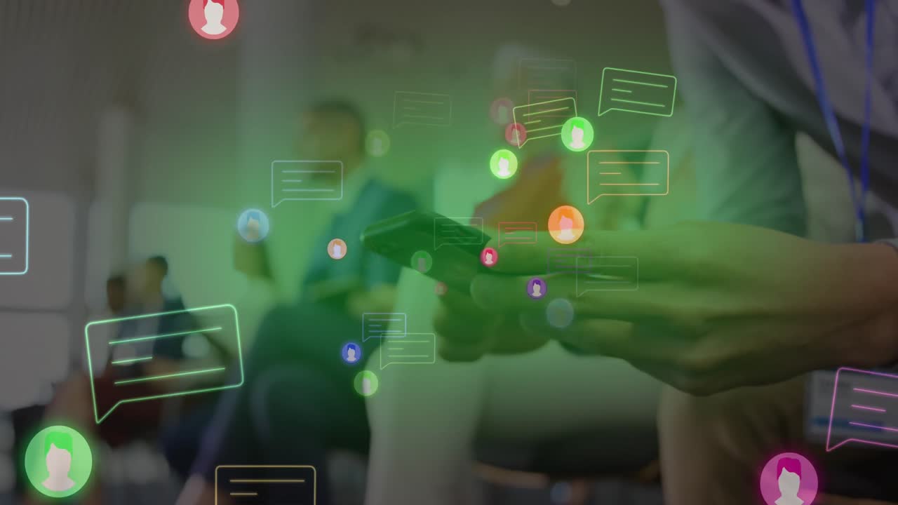 사무실에서 스마트폰을 사용하는 남자의 중간 섹션 위에 네온 프로필과 메시지 아이콘의 애니메이션