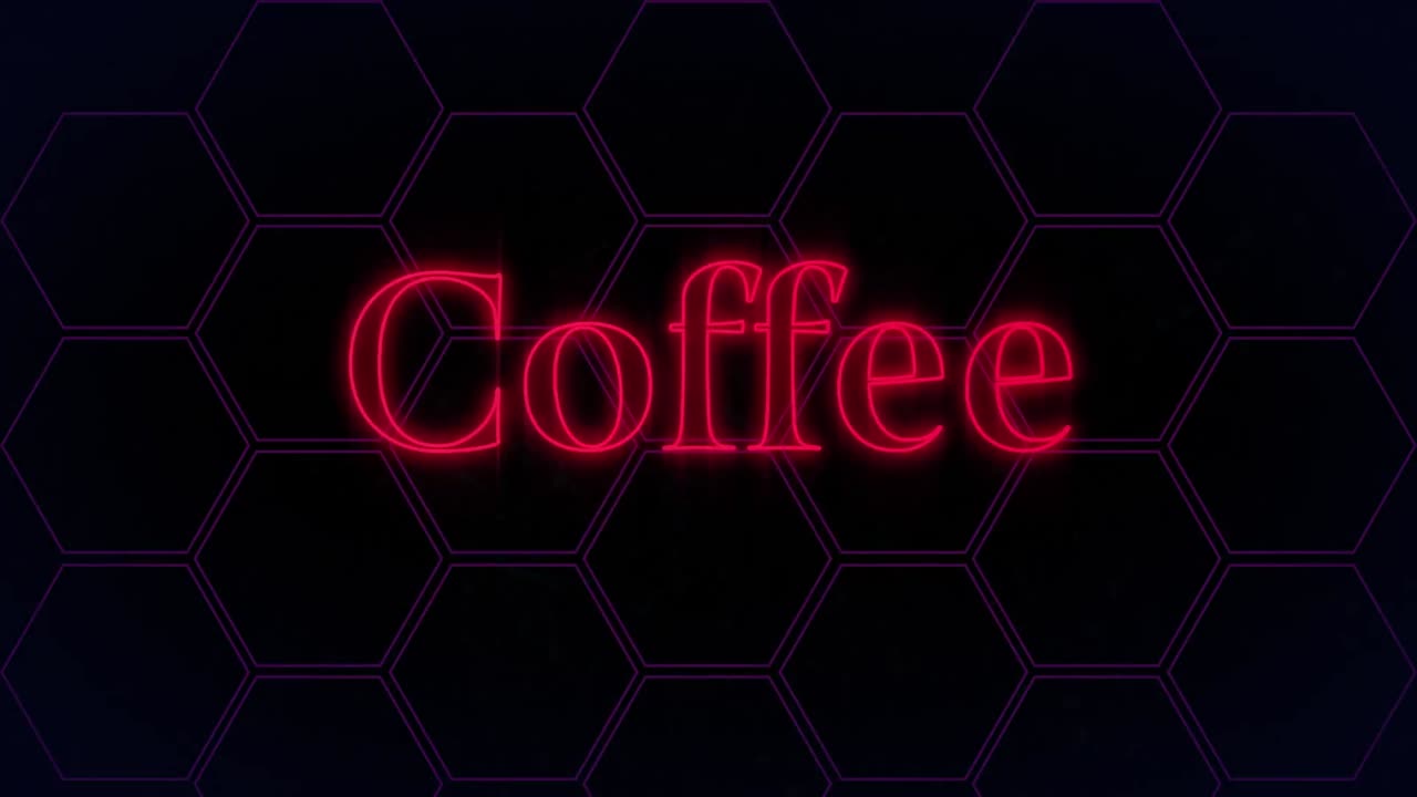 Animação do texto "café" em néon vermelho e rede verde brilhante, sobre grade hexagonal roxa em preto.