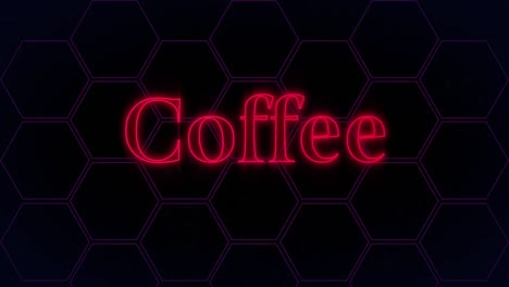 animation of coffee text in red neon and glowing green network, over purple hexagon grid on black