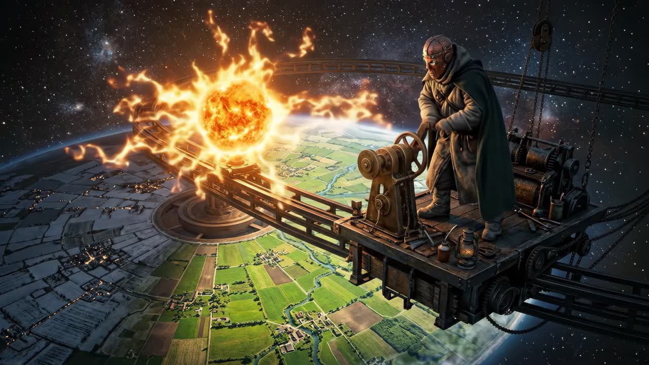 Steampunk Operator Controls Sun Orb in Planet's Orbit