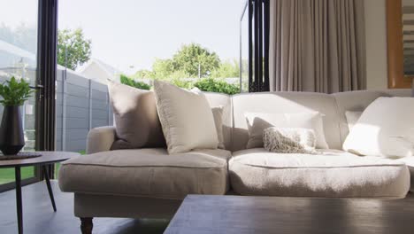 general view of luxury living room with sofa and table