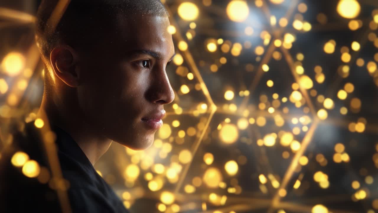 Captivating Close-Up of a Male Figure Surrounded by Enigmatic Light Patterns, Showcasing Intricate Details and Atmospheric Aesthetics in a Dreamlike Setting
