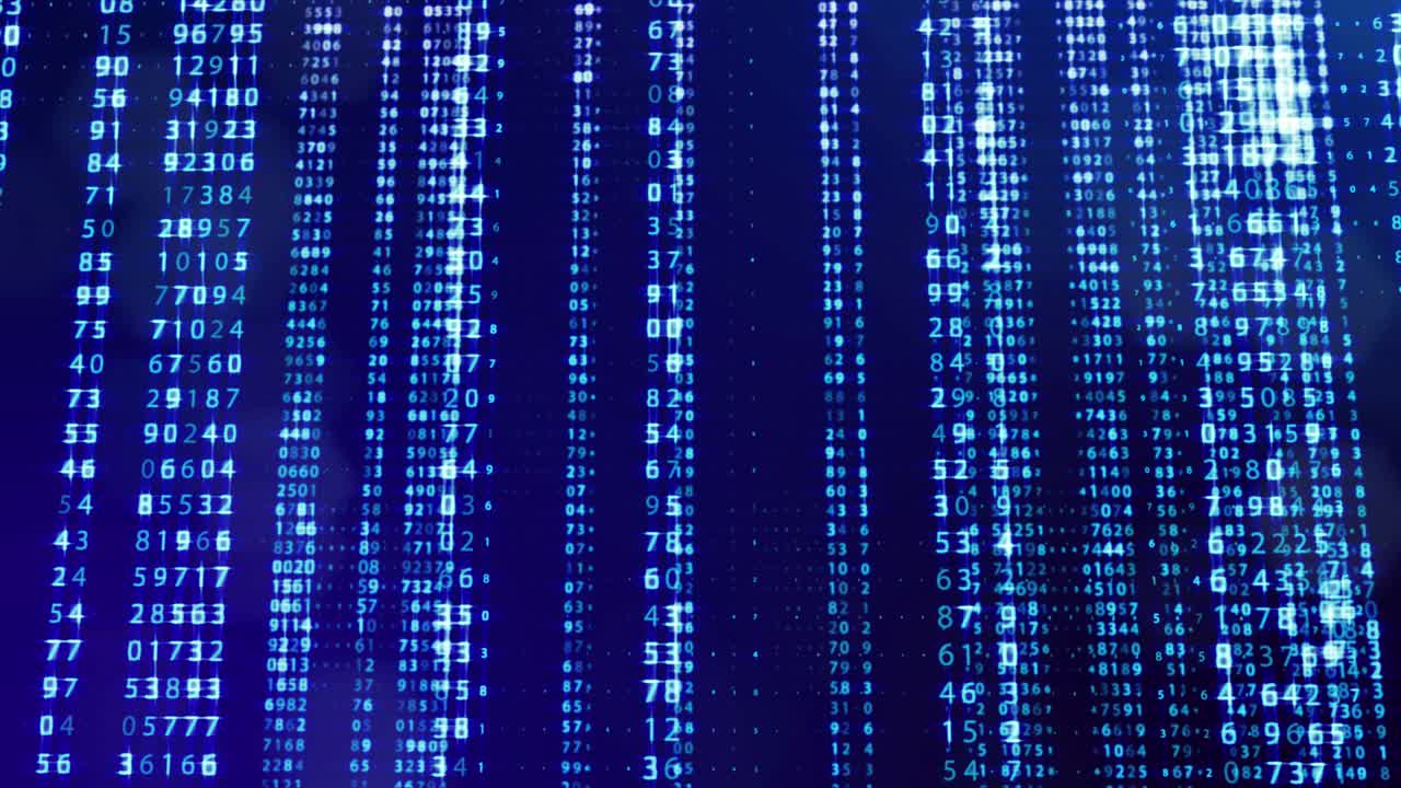 3d loop background, concept of digital data processing, calculation and visualization of computation. Counters of numbers in rows of lines on plane. Blue digital information bg with numbers. Sci-fi bg.