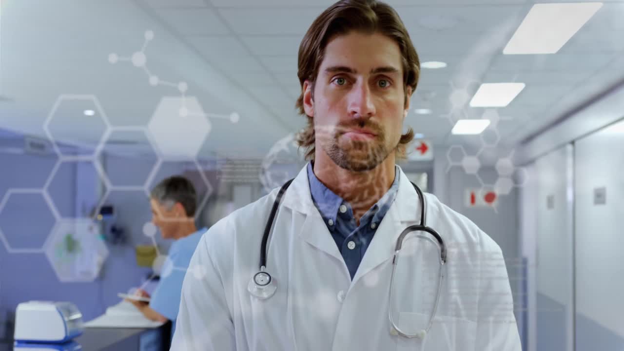 animation eines kaukasischen männlichen arztes im krankenhaus über datenverarbeitung