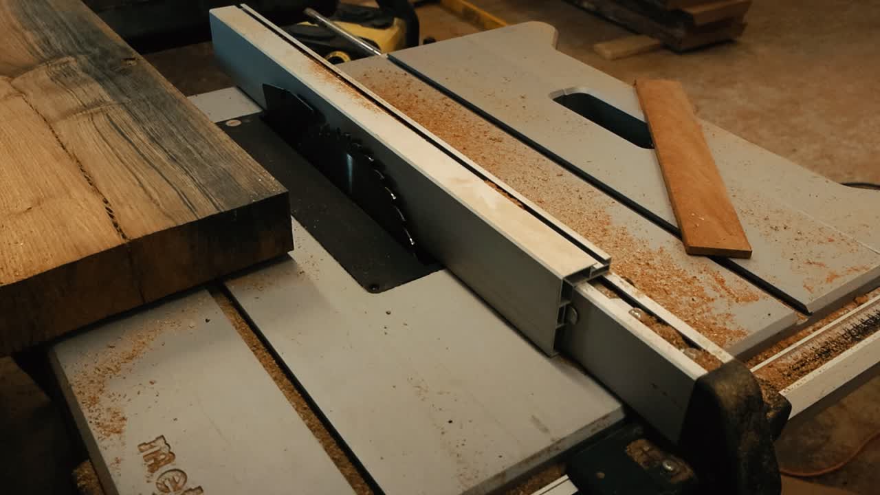 Close up view of an oak slab or cut timber with gorgeous yellow and gray wood grain on a table saw in a workshop with sawdust and wood chips around it. The saw blade is rised up high and is sharp