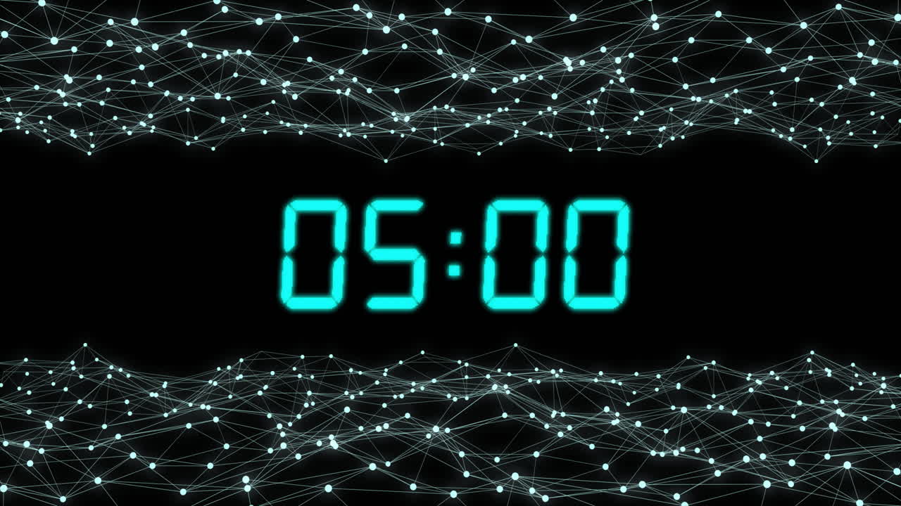 Animation of green digital clock timer changing over light trails on black background