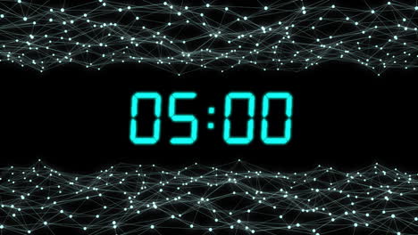 animation of green digital clock timer changing over light trails on black background