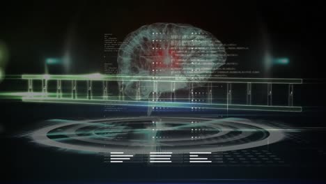 animation of data processing over spinning human brain icon and dna structure on black background