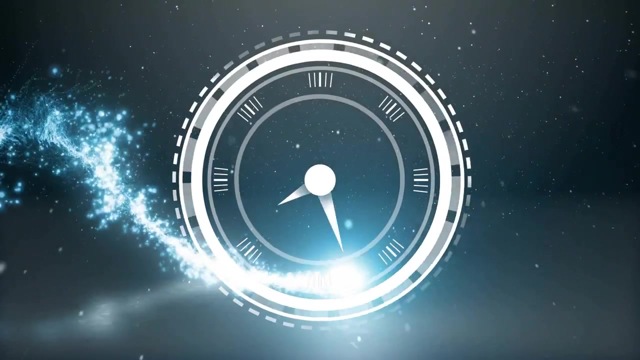 Energy orb appearing and orbiting, completing rings, forming rotating pulsing glowing clock motif