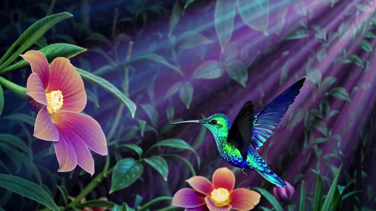 Vibrant video concept of a hummingbird near flowers, captured in a close-up angle with dramatic