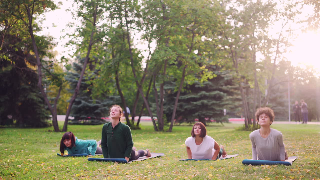 mujeres practicando yoga al aire libre en un parque