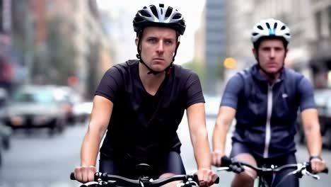two men are riding bicycles in a city street