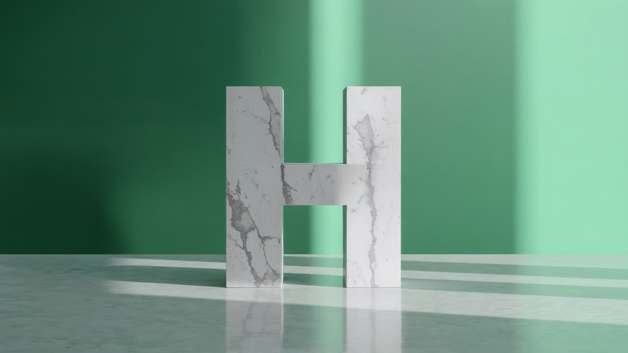 Beam shining behind marble H moving across floor against green wall, tinting with golden shadows