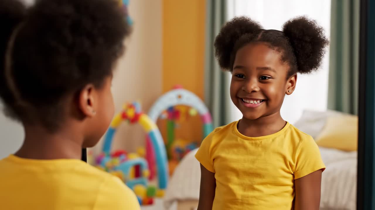 Confident African Girl Flexing Muscles in Mirror