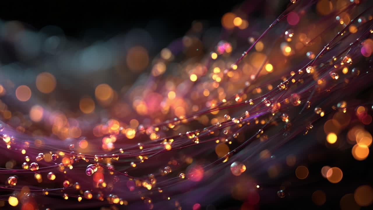 Mesmerizing purple threads and fibers with glowing dew drops moving slowly in a beautiful abstract stream, creating a dreamy and ethereal light show against a dark, moody background