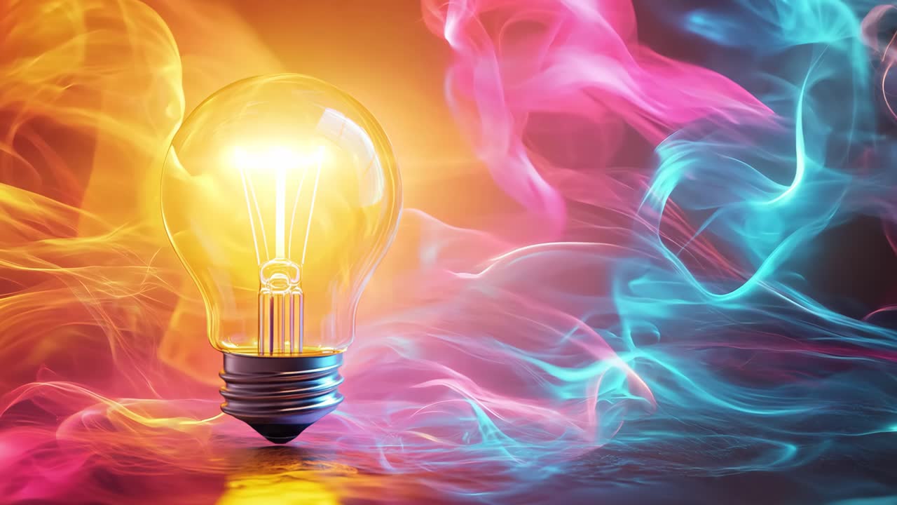 A light bulb is floating in a pool of water. The light bulb is lit up and the water is blue and purple