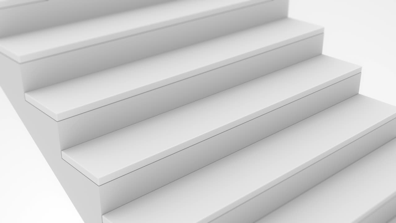 Staircase in white interior. Abstract architecture background. Business growth, progress way and forward achievement concept. Career promotion, personal, business development. 3d animation loop of 4K