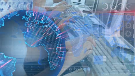 animación de la interfaz digital y el procesamiento de datos sobre personas de negocios que utilizan computadoras