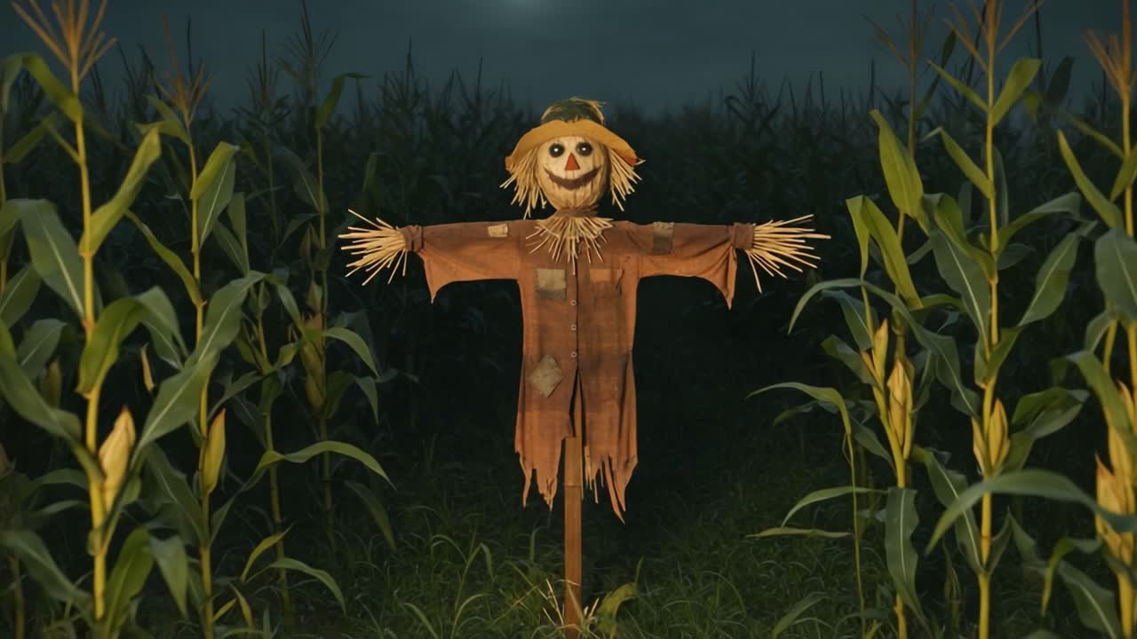 A Mysterious Scarecrow Stands Guard Amidst a Cornfield, Bathed in the Enigmatic Glow of Twilight, Creating an Eerie Yet Intriguing Atmosphere