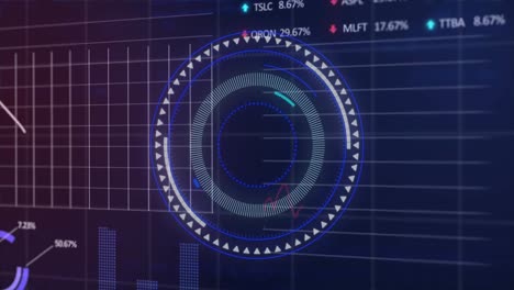 Animation-of-round-scanner-over-stock-market-data-processing-against-blue-background