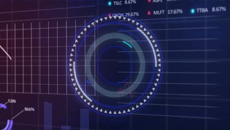 Animation of round scanner over stock market data processing against blue background