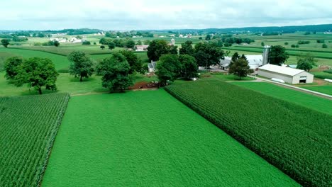 train tracks in amish countryside and farmlands as seen by drone