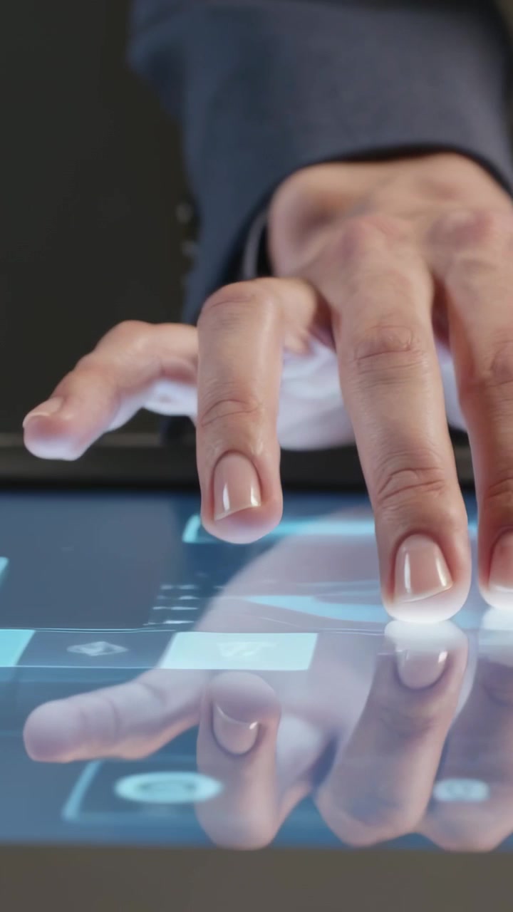 Vertical video: Hovering suit-sleeved right hand tapping tablet tiles on desk, controlling slides