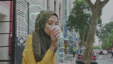 animation of connected social media icons with woman wearing hijab drinking coffee in street