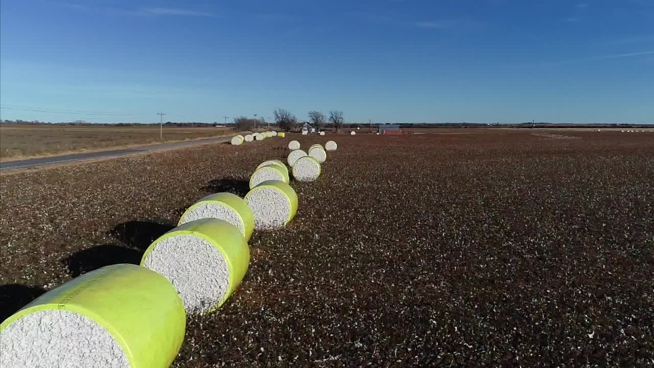 toma aérea de drones de barrido de una granja de algodón del medio oeste con pacas frescas de algodón cosechado envuelto en material amarillo brillante contra un cielo azul abierto