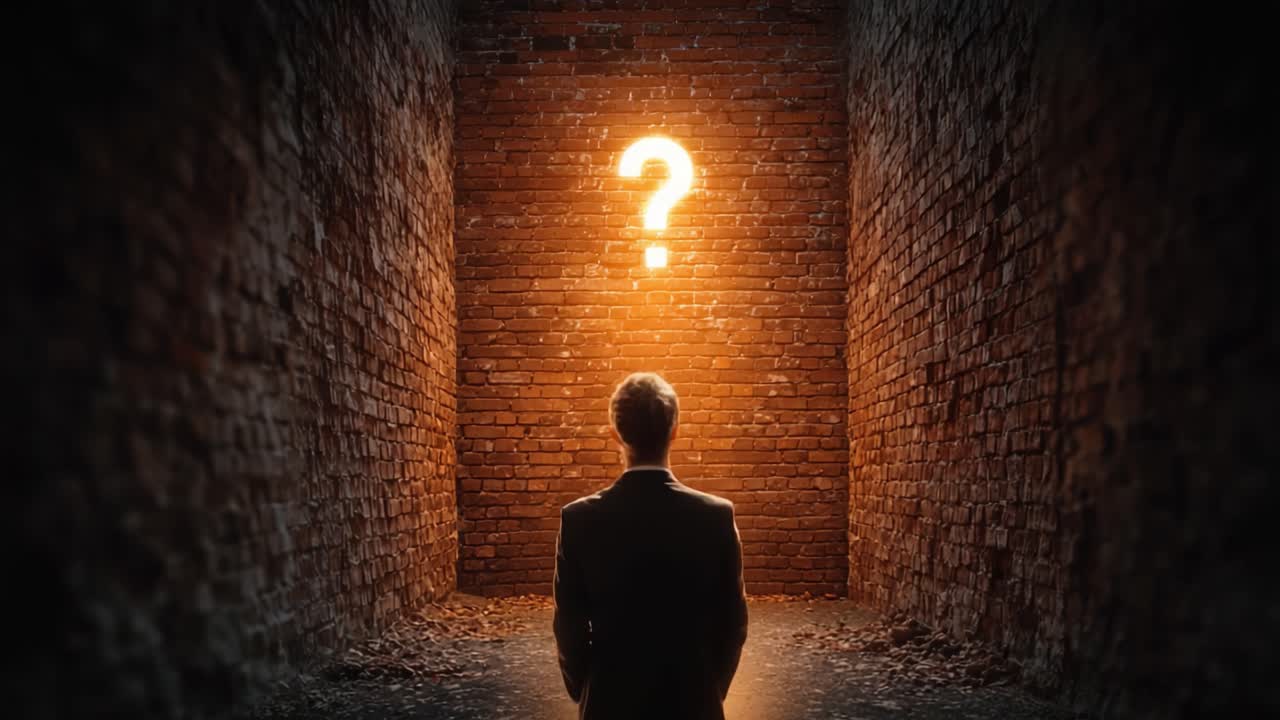 Una figura solitaria si trova in un vicolo in penombra, contemplando un punto interrogativo luminoso sopra di sé, a simboleggiare l'incertezza e la ricerca di risposte nella vita