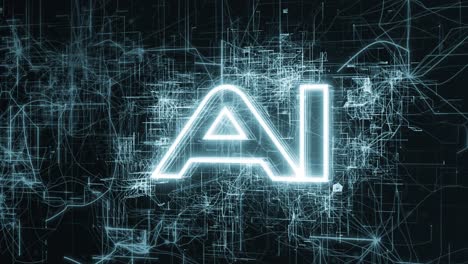 animation of ai, artificial intelligence, text with circuit board like lightning animated and the camera arcing rom left to right.
