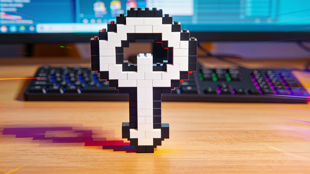 Moving camera closing on white-and-black pixel-art sculpture on wooden desk, revealing RGB keyboard