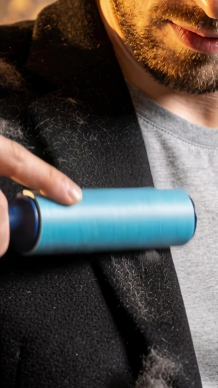 Vertical video: Noticing pet hair man rolling blue lint roller on black coat at home removing fur