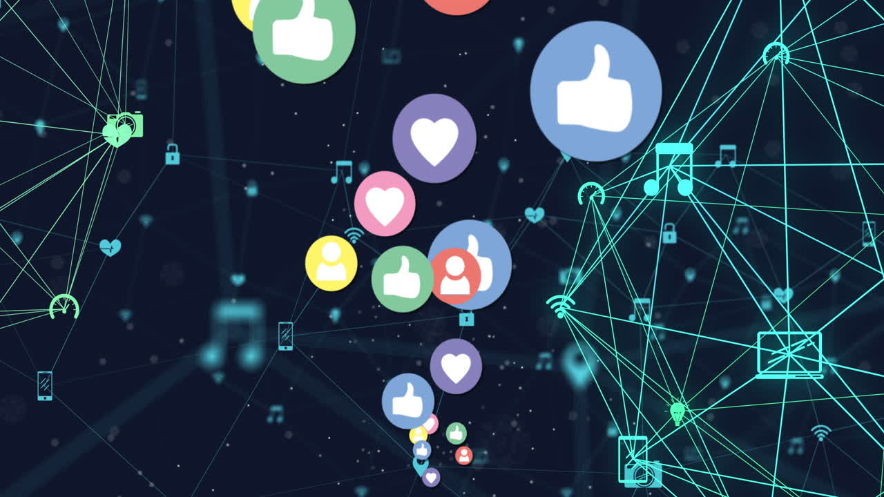 검은색 배경의 연결 네트워크를 통해 이모지 아이콘의 애니메이션