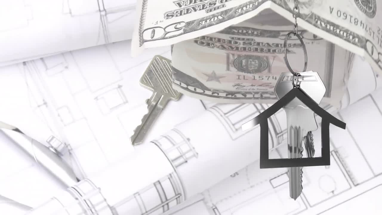 animación de llaves de casa colgadas contra dibujos arquitectónicos giratorios, billetes de dólar y llave de casa
