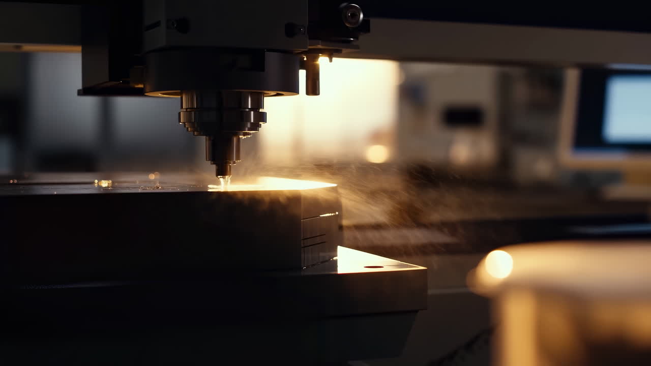 Primo piano di una macchina CNC che taglia metallo con scintille in fabbrica