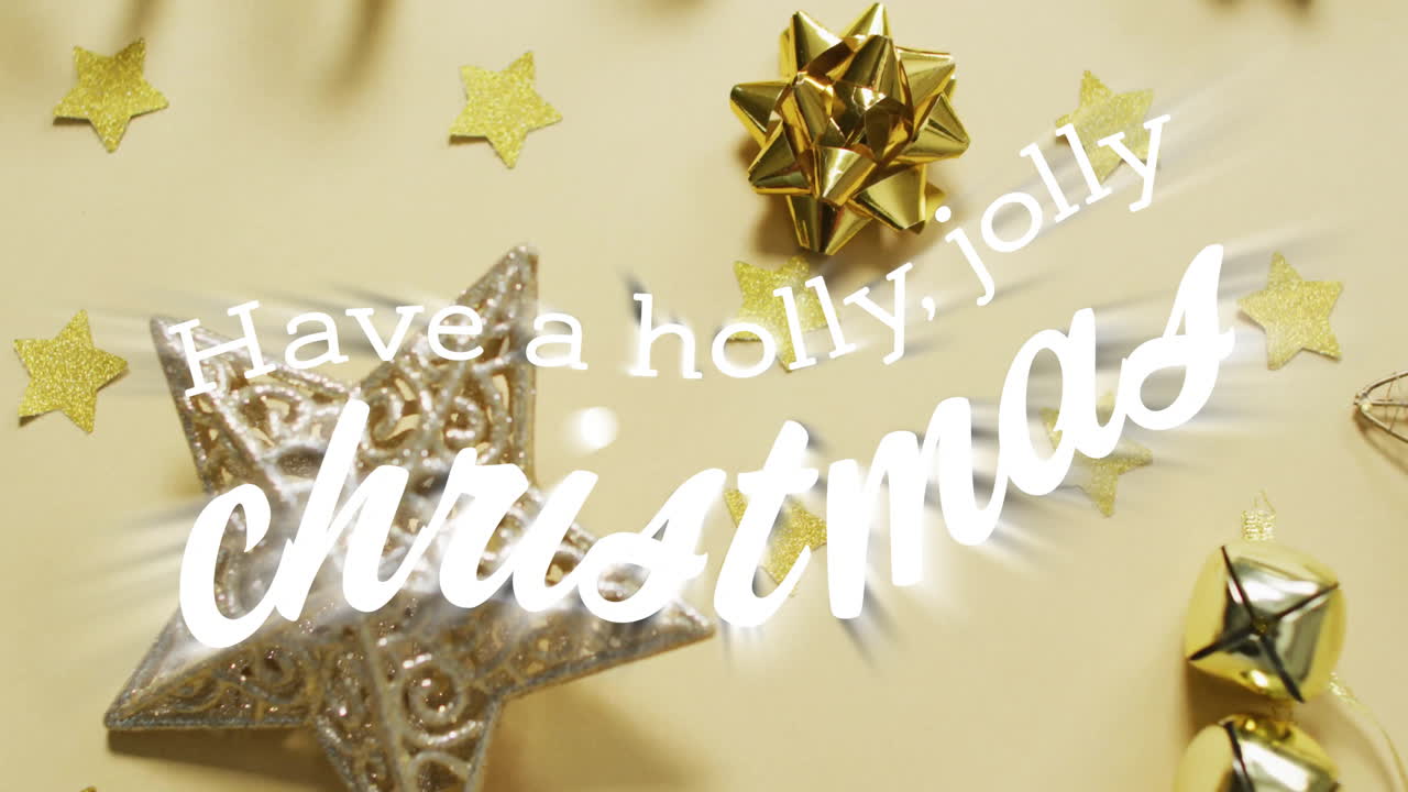 Animation of have a holly jolly holiday text over christmas decorations on yellow background